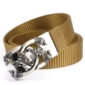 Khaki nylon tactical belt with vintage silver wolf head alloy buckle for men - Antique Silver Buckle - Wolf Brown