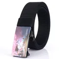 Men's black nylon canvas belt with an automatic buckle featuring scenic art design - Black - 17 / 120cm