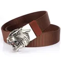 Brown tactical nylon belt with silver tiger head alloy buckle and woven tank pattern - Antique Silver Buckle - Coffee