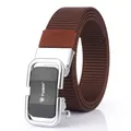 Men's brown nylon web belt with silver metal automatic buckle and textured matte finish - Pearl Chrome Buckle / Brown