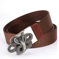 Men's brown nylon tactical belt featuring a silver cobra snake metal buckle relief - Antique Silver Buckle - Coffee / 125cm