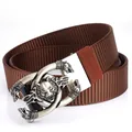 Brown nylon canvas belt with a vintage silver alloy wolf head design buckle - Antique Silver Buckle - Coffee