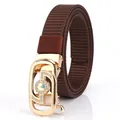 Thick dark brown woven nylon belt for women with golden rhinestone-encrusted buckle - Gold Buckle-Coffee