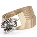 Khaki nylon tactical belt featuring a vintage silver tiger head metal buckle for men - Antique Silver Buckle - Khaki