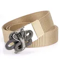 Khaki woven nylon belt featuring a silver metal cobra buckle with embossed design - Antique Silver Buckle - Khaki / 125cm