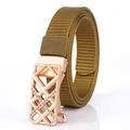 Khaki Nylon-Gürtel mit roségoldener Strass-Automatikschließe für Damen im Trend - Kojote Braun / Roségold