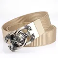 Khaki nylon canvas tactical belt featuring a vintage silver metal wolf head relief buckle - Antique Silver Buckle - Khaki