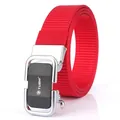 Men's red nylon canvas belt with a silver and black alloy automatic buckle and white logo - Pearl Chrome Buckle / Red