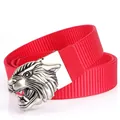 Red woven nylon tactical belt featuring a vintage silver tiger head alloy buckle - Antique Silver Buckle - Red