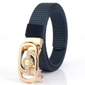 Navy blue woven nylon belt for women with a gold rhinestone automatic buckle - Gold Buckle-Royal Blue