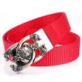 Red nylon canvas belt with a metallic silver wolf head buckle in a rugged outdoor style - Antique Silver Buckle - Red