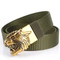 Army green tactical nylon belt featuring a gold animal-shaped metal buckle detail - Bronze Buckle - Army Green