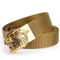 Khaki tactical nylon belt with a golden tiger head buckle and embossed metal detail - Bronze Buckle - Wolf Brown
