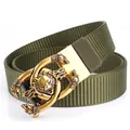 Tactical army green nylon canvas belt with a striking gold wolf head buckle for men - Antique Copper Buckle - Army Green