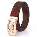 Brown nylon woven belt with a rose gold automatic buckle and gemstone inlay detail - Rose Gold Buckle - Coffee