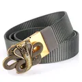 Men's grey nylon belt featuring a creative gold 3D cobra buckle with woven texture - Antique Copper Buckle - Dark Gray / 125cm