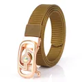 Women's woven khaki nylon belt with rose gold buckle and rhinestone centerpiece - Rose Gold Buckle - Coyote Brown
