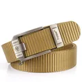 Men's khaki nylon tactical belt with automatic alloy buckle and lion head logo - 120cm / Silver Buckle - Wolf Brown