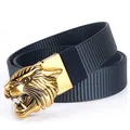 Tactical nylon belt with gold tiger head buckle in dark blue and carbon grey finish - Bronze Buckle - Royal Blue