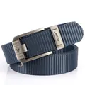 Thickened nylon web belt in navy blue with matte metal automatic buckle and lion logo - 120cm / Silver Buckle - Royal Blue