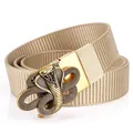 Men's khaki nylon tactical belt featuring a vintage gold cobra-shaped metal buckle - Antique Copper Buckle - Khaki / 125cm