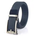 Men's navy blue nylon belt with automatic matte metal buckle and brushed finish detail - Silver Buckle Royal Blue