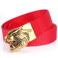 Red tactical nylon belt featuring a 3D golden tiger head alloy buckle and woven texture - Antique Bronze Buckle - Red