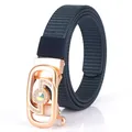 Navy blue woven nylon belt for women with rose gold rhinestone buckle and rainbow stone - Rose Gold Buckle - Royal Blue