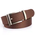 Men's 3.5cm dark brown nylon belt with matte silver automatic buckle and woven texture - 120cm / Silver Clasp / Brown