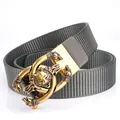 Grey tactical nylon belt with antique gold zinc alloy wolf head embossed buckle - Antique Copper Buckle - Dark Gray