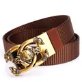 Thick brown nylon canvas belt featuring a vintage gold embossed wolf head buckle - Antique Copper Buckle - Coffee
