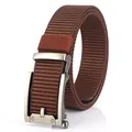 Men's dark brown nylon tactical belt with matte gunmetal automatic buckle - Silver Buckle Coffee