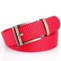 Bright red nylon woven belt for men with matte grey automatic buckle in casual style - 120cm / Silver Clasp / Red