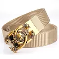 Khaki tactical nylon belt with a golden wolf head relief buckle on white background - Antique Copper Buckle - Khaki
