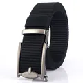 Men's black nylon tactical belt with a brushed silver-grey automatic metal buckle - 120cm / Silver Buckle - Black