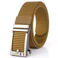 Men's 3.5cm khaki nylon woven belt with matte silver automatic buckle and stripe detail - Silver Buckle - Wolf Brown