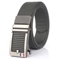 Men's 3.5cm nylon woven belt with grey matte automatic metal buckle and tricolor detail - Silver Buckle - Dark Gray