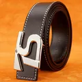 Men's black leather belt with silver geometric buckle and white contrast stitching detail - Silver Buckle - Black / 105