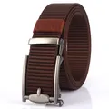 Men's casual brown nylon canvas belt with a dark grey matte automatic metal buckle - 120cm / Silver Buckle - Coffee
