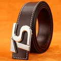 Men's premium brown cowhide leather belt with artistic silver smooth buckle and fine stitching - Silver Buckle - Brown / 105