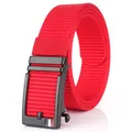 Red nylon woven belt for men featuring a black automatic buckle with tricolor stripe detail - Black Buckle - Red