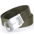 Army green nylon tactical belt with a brushed silver automatic metal buckle and logo - Silver Buckle - Army Green
