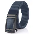 Men's navy blue nylon braided belt with black metal automatic buckle on white background - Black Buckle - Royal Blue