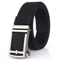 Men's black nylon belt with silver metal automatic buckle on a white background - Silver Buckle - Black