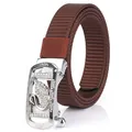 Brown nylon canvas woven belt for women with silver swan rhinestone automatic buckle - Silver Buckle-Coffee