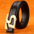 Men's black ostrich grain leather belt with luxury gold smooth geometric buckle - Gold Buckle Black / 105cm