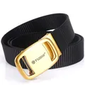 Men's casual black nylon belt with golden metal automatic buckle and wolf logo - Antique Copper Buckle - Black