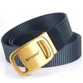 Deep gray-blue thickened nylon belt with gold automatic metal buckle and TUSHI logo - Antique Copper Buckle - Royal Blue