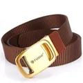 Thick brown nylon waist belt with matte gold TUSHI logo automatic metal buckle - Antique Copper Buckle - Coffee