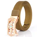 Olive nylon canvas belt with rose gold automatic buckle and colorful crystal inlay - 110cm / Rose Gold Buckle - Wolf Brown